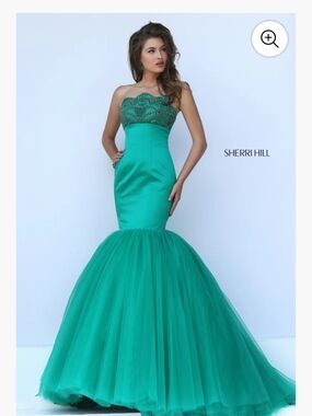 Sherri Hill Teal Strapless Beaded Mermaid Gown